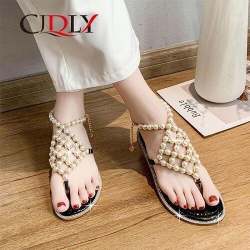 CJDLY 2020 Vintage Boho Sandals Women Leather Beading Flat Sandals Women Bohimia Beach Sandals Shoes Summer Female slippers