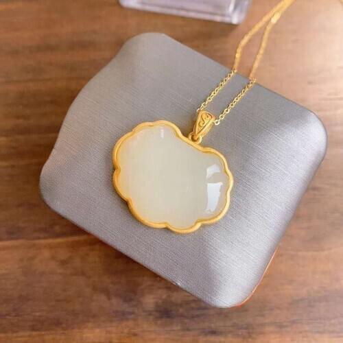 Natural Hetian white jade pendant necklace Chinese antique palace style dragon phoenix pattern luxury noble silver jewelry