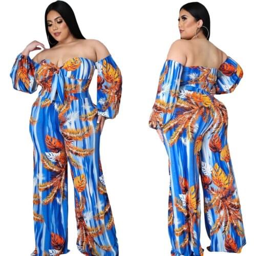 Off The Shoulder Boho Printed Jumpsuit Women Rompers Plus Size 4XL 5XL Wide Leg Long Sleeve Elegant Backless Playsuit