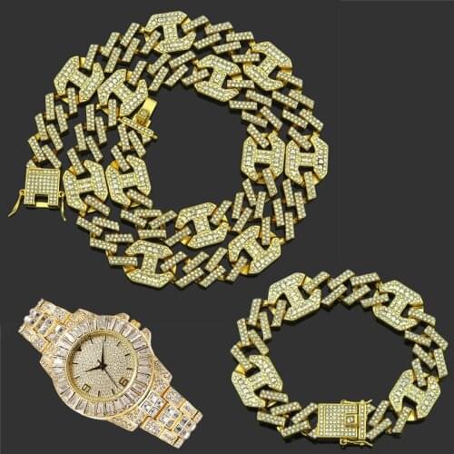 3pcs Kit Hip Hop 17MM AAA+ Iced Out Alloy Rhinestones Prong Coffee Bean Cuban Necklace+Watch+Bracelet Bling For Men Jewelry
