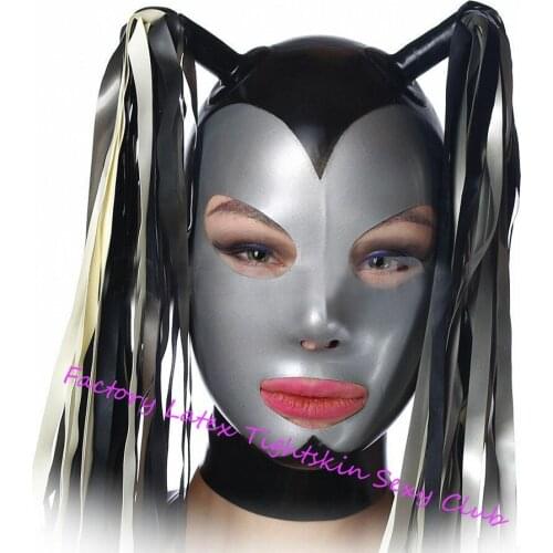Latex Mask with Two Tails Open Eyes Mouth Nose Fetish Rubber Hood Cosplay Customized XS-XXL Halloween Costumes for Women