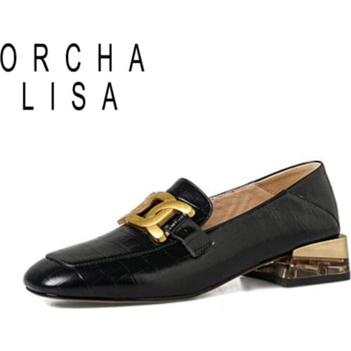 ORCHA LISA Genuine Leather Lady Pumps Lofers Metal Chains Square Toe Slip On Crystal Block Heel Size 34-40 Black Beige A4446
