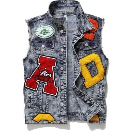 Fashion Mens Denim Vest Hip Hop Letter Multi Marks Streetwear Jeans Vests 2020 Blue Embroidery Waistcoat Casual Denim Jacket