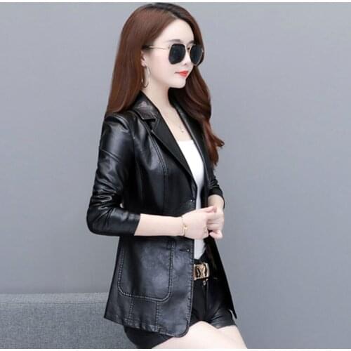 Spring Autumn New 2021 Womens Leather Short Slim Leather Jacket Suit Large Size Womens Small Jacket Suit collar Female Coat