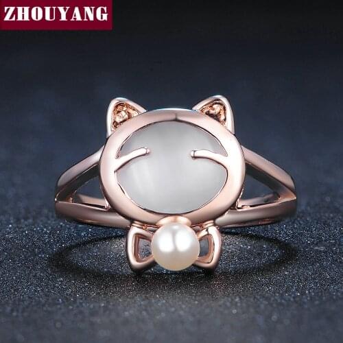 Top Quality Cats Eye Stone Imitation Pearl Cute Cat Ring Rose Gold Color Austrian Crystals ZYR330 ZYR143