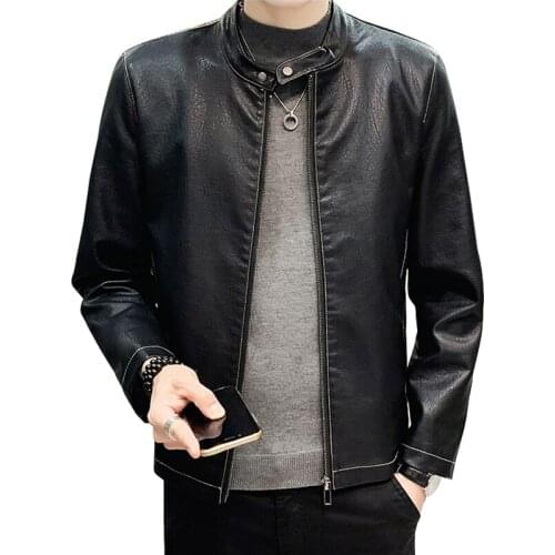 2021 Autumn Mens Leather Jacket Coat Faux PU Stand-up Collar Zipper Bomber Motorcycle Biker ArmyGreen Black Slim Casual Outwear