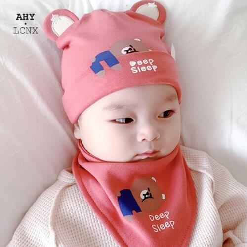 2021 Autum Winter Warm Infant Cotton Kids Hat And Triangle Scarf Set Lovely Cartoon Sleeping Bear Baby Knit Hat For 3-12month
