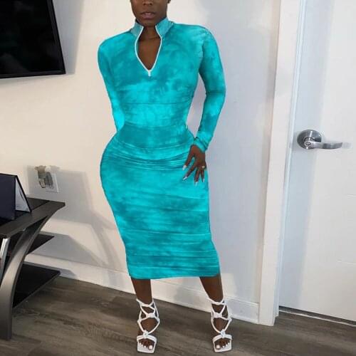 Tie Dye Print Zipper Turtleneck Bodycon Midi Dress Woman Long Sleeve Sheath Autumn Dresses Streetwear Club Party Dress Vestidos