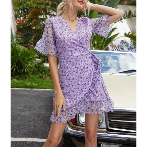 Floral Dress Mesh Ruffles Wrapped Dresses V Neck Flare Sleeve High Waist A-line Dresses For Women Purple Casual Dress XL