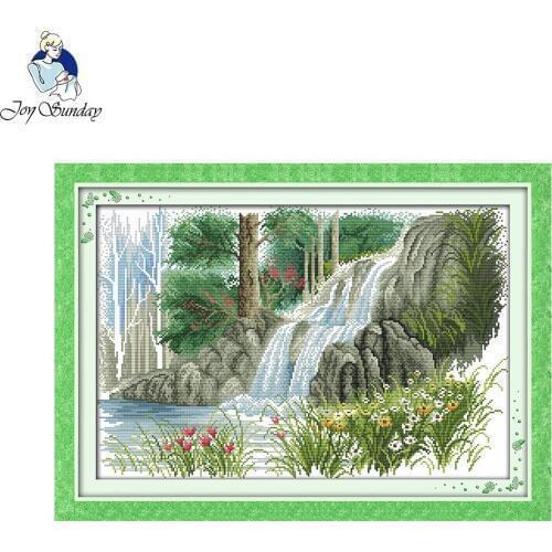 Joy Sunday Spring Waterfall Decor Painting Counted Print on Canvas DMC 11CT 14CT Cross Stitch Kits Embroidery Needlework Set