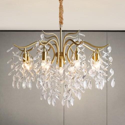 GPD luxury crystal chandeliers vintage leave shape chandelier lighting for home brass gold chain hanglamp living room led lamp