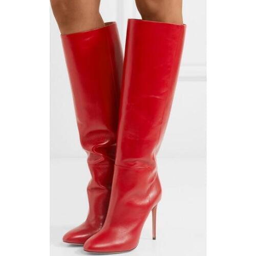 Moraima Snc Pointed Toe Red Leather High Heel Boots Autumn Newest Thin Heels Riding boots Sexy Knee high Boots