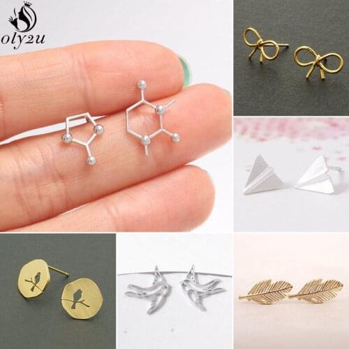 Trendy Earings Jewelry Cute Chemical Molecule Stud Earrings for Women Girls Metal Bowknot Birds Leaf Plane Earing pendientes