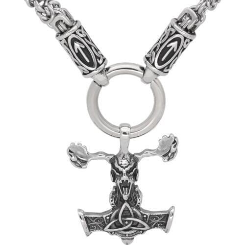 Nordic viking rune with knot thor hammer Talisman MJOLNIR pendant necklace stainless steel -king chain with valknut gift bag