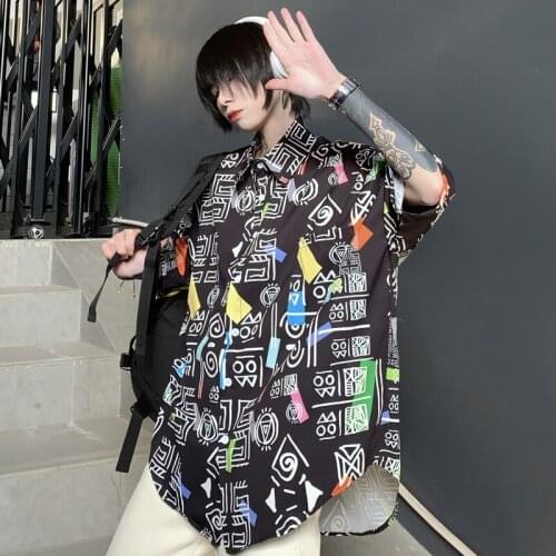 Vintage Colorful Graffiti Print Shirt for Women 2021 Fashion Trends Hawaii Clothing Ladies Loose Dark Gothic Button Up Blouses