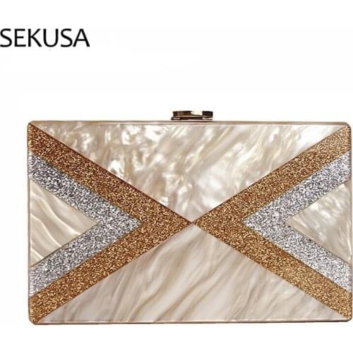 Stripped Acrylic Sequined Vintage Women Small Day Clutch Golden Metal Luxury Evening Bags Wedding Lock Flap Purse