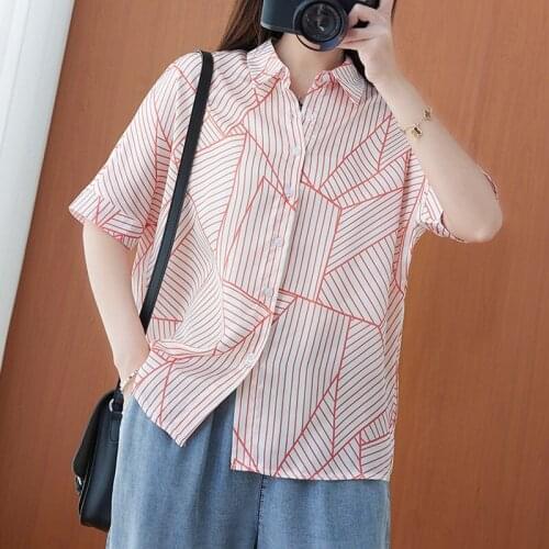 Casual Womens Summer Shirts New 2021 Simple Style Turn-down Collar Striped Loose Blouses Geometric Female Short Sleeve Tops