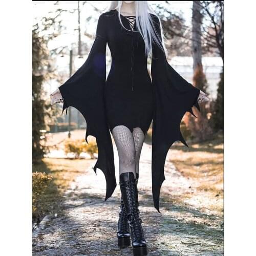 Women Gothic Medieval Cosplay Halloween Forest Elf Pixie Costume Black Bodycon Mini Bandage Bat Wing Sleeves Cosplay S-3XL