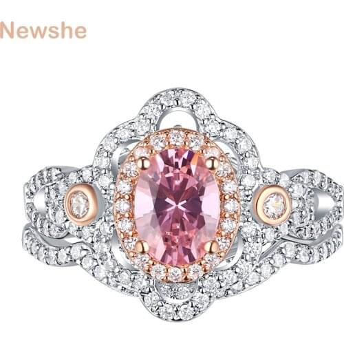 Newshe Solid 925 Sterling Silver Wedding Rings For Women Halo Rose Gold Color Pink Oval AAA Zircon Engagement Ring Set QR7615