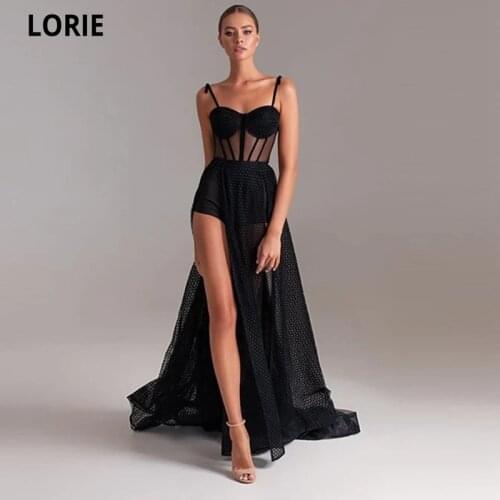 LORIE Sexy Spaghetti Strap A-Line Evening Dress Long Tulle Prom Party Gown See Through Dress Special Occasion Gown Court Train