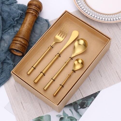 Gold Matte Cutlery Set 304 Stainless Steel Dinnerware Set Knife Fork Spoon Tableware Set 16Pcs Kitchen Flatware Gift Box