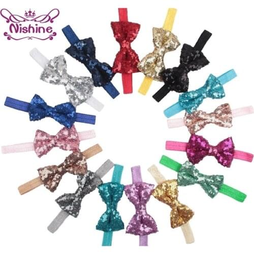 5pcs/lot 9 CM Boutique Sequins Bowknot Headband Solid Color Elastic Hairband Toddler Bow Hair Accessories Newborn Birthday Gifts