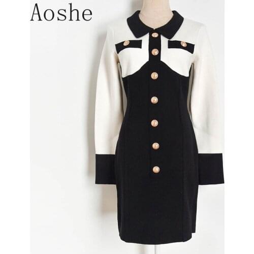 White Black Female Sweater Dress 2021 Thick Long Sleeve Dresses Lapel Single Breasted Bodycon Dress Elegant Mini Women Dress
