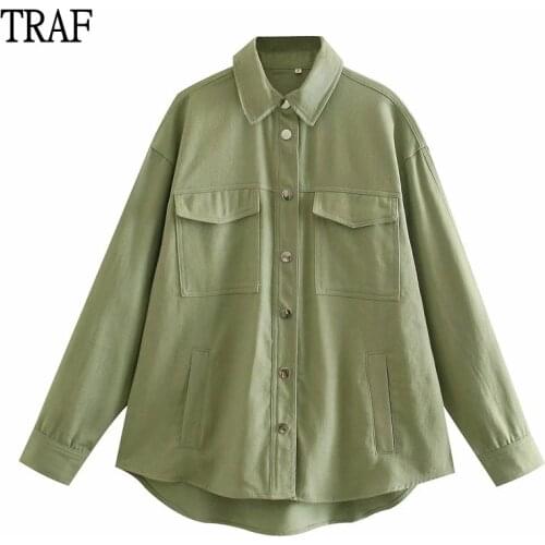 TRAF Za 2021 Blouse Autumn Vintage Top Women Jacket Long Sleeve Shirt Loose Button Chic Pocket Women Clothing Female Outwear