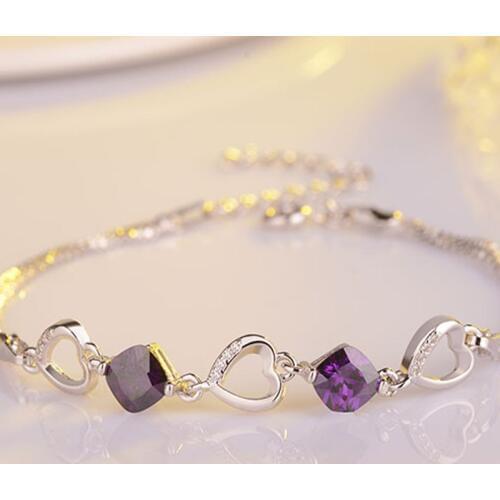 Heart Connected Charm Bracelets Women Fine Real Silver Double Bracelet Silver color Original Jewelry Purple Stone Zircon