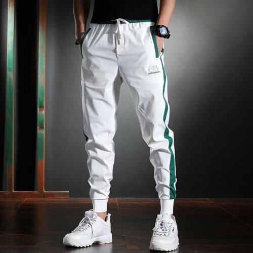 Summer Thin White Striped Casual Pants Mens Slim Sport Pencil Pants Fashion Embroidery Ice Silk Joggers Trousers