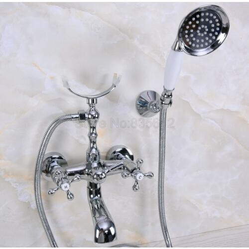 Chrome Polished Wall Mounted Clawfoot Bathtub Faucet With Hand Shower Bathroom Bath Shower Faucets tna227