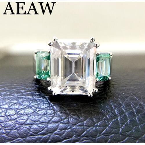 Solid 14K White Gold 8ctw Moissanite Emerald Baguette Ring And green Moissanite Accent luxury Fine gold jewelry for Women