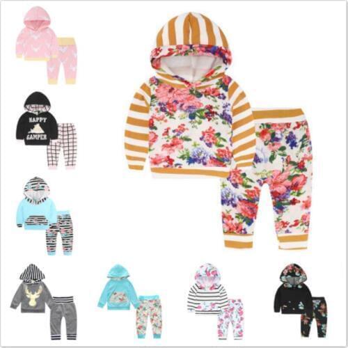 Newborn baby boy clothes set children long sleeves Tops Pants 2pcs girls clothing flowers kids hoodies set toddler hooded tshirt