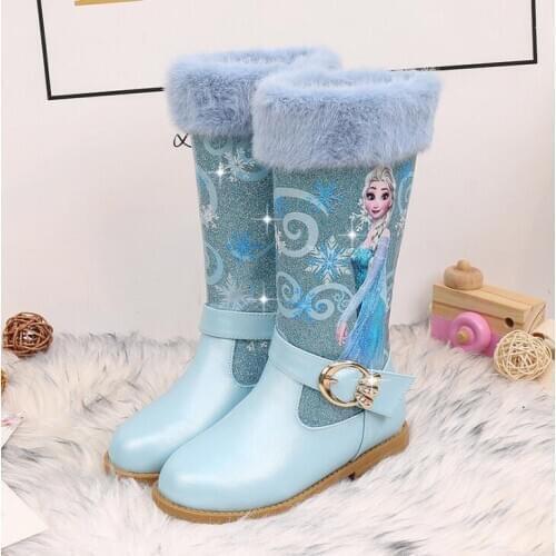 Girls Elsa Leather Boots Shoes For Winter Baby Girls Warm Fur High-heeled Snow Queen Princess Boots