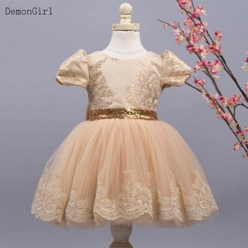 Cute Baby Girl Birthday Dress Champagne Lace Tulle Kids Prom Clothing Outfits Photoshoot Gift for Kids