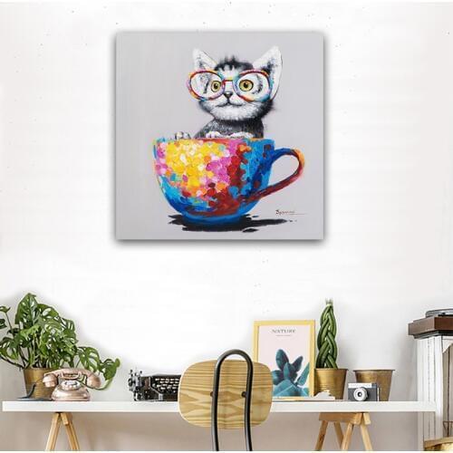 Cute Animal Canvas Print Picture Glasses Cat Oil Painting Pop Art Posters on the Wall Living Room Decor Modern Poster and Print