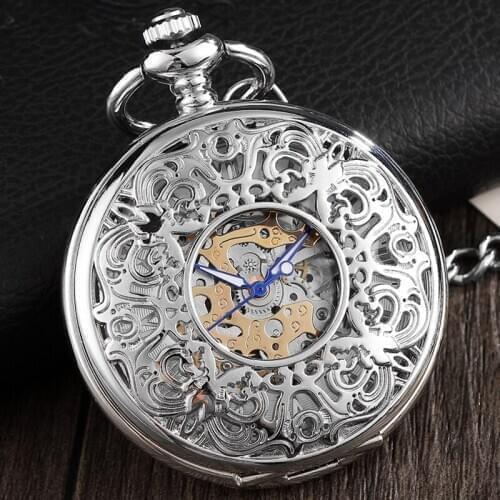 2020 Fashion Silver Engraved Hand Wind Mechanical Pocket Watch For Men Women Vintage Steampunk Fob Skeleton Watch Male Gift