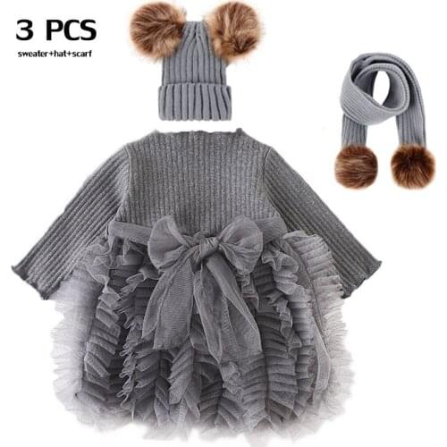 2020 New Christmas Girl Sweater Winter Dress Autumn Korean Long Sleeve Lace For Baby Girl Clothes + hat + scarf 3-9-12-24 Months
