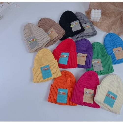 2021 autumn and winter new candy color personalized leather label childrens hood for boys and girls baby color pin woolen hat