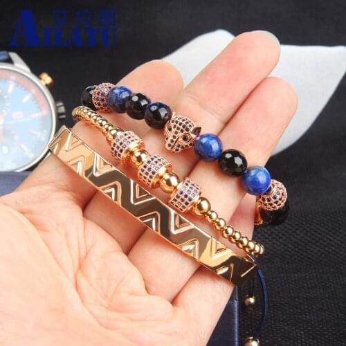 New Luxury Blue Cz Cylinders Sets Bracelet Royal Love Stainless Steel Mens Bangles Jewelry Leopard Head Pulseira Drop Shipping