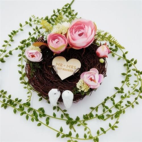 Handmade Bird Nest Wedding Ring Pillow Forest Style Romantic Pink Camellia Flower Decoration Ring Holder for Wedding 15cm