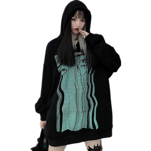 Autumn Women Hip Hop Hoodie Gothic Horror Cartoon Print Punk Chain Hooded Sweatshirt High Street Hipster Baggy Pullover Outwear