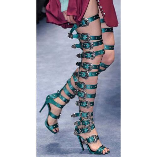 Sexy Big Metal Buckle Strappy Fasten Over The Knee Sandals Boots Open Toe Super High Heels Ladies Runway Stage Thigh Boots