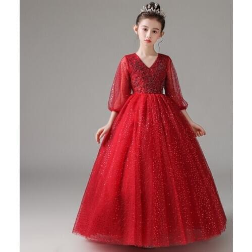 Flower Girl Dress Illusion Three Quarter V-Neck Princess Beading Floor-Length Sequined Tulle Lace Burgundy Kids Party Gown H221