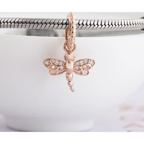 Authentic S925 Silver Dangle Charm Rose & Clear Dragonfly Pendant Bead fit Lady Bracelet Bangle Girl Birthday Gift Clear CZ