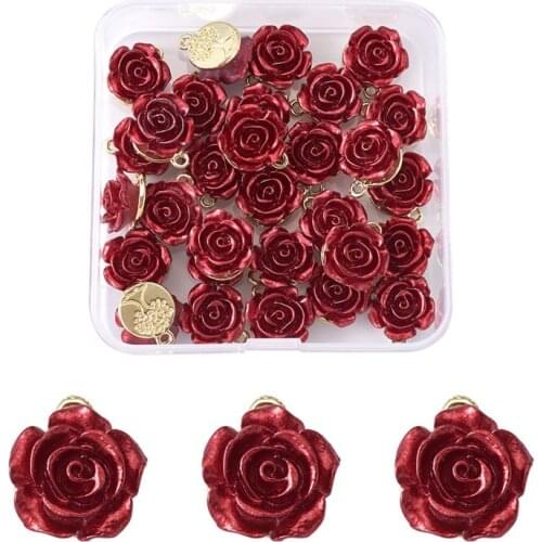 1box Rose Flower Alloy Pendants Charms with ABS Plastic Dark Red for Jewelry Making DIY Bracelet Necklace Earring Finding