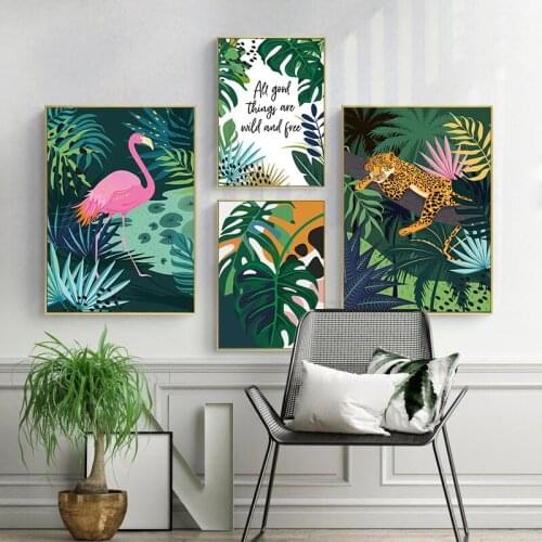 Modern Nordic Tropical Rain Forest Plant Flamingo Leopard Poster Nature Leave Canvas Painting Decorative Picture Print Cuadros