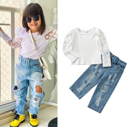 1-5Years Kids Baby Girls Clothes Set 2021 Autumn Mesh Puff Long Sleeve Knit Tops + Ripped Denim Pants 2Pcs Children Outfits