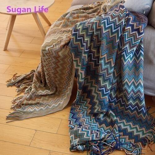 Sugan Life Bohemian Knitted Tassels Sofa Blanket Thread Couch Blanket Sleeping Rugs Soft Bed Plaid Vintage Home Decor Tapestry