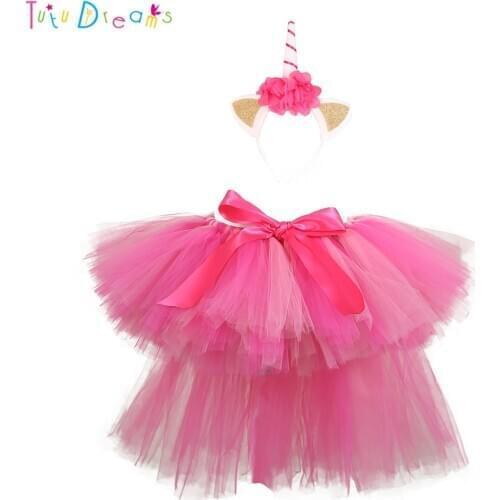 Pink Unicorn Tutu Skirt For Kids Girl Fluffy Bow Birthday Party Ballet Dance Skirts With Headband Children Pony Cosplay Costume